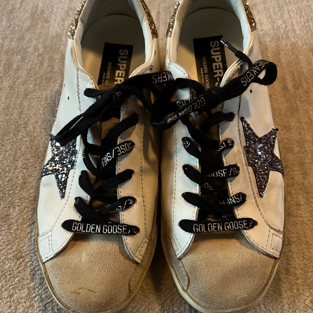 Golden Goose White and Tan Sneakers, Super-Star Classic